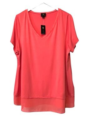 JM Collection V-Neck Sheer-Hem Tunic, Flowy, Stretchy, Coral Orange, Sz 2X